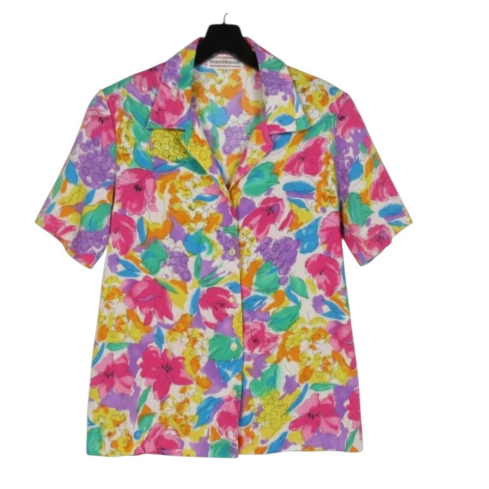 WESTBOUND White w/BRIGHT FLORAL PRINT Satin BUTTON-UP Blouse/Top Sz 12
